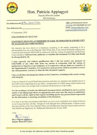 It is 'FAKE' - Patricia Appiagyei reacts to memo alleging rejection of GH¢70,000 money